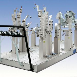 Hovercraft sandwich plate with exchangeable supports, for fast transport between loading area and measuring machine